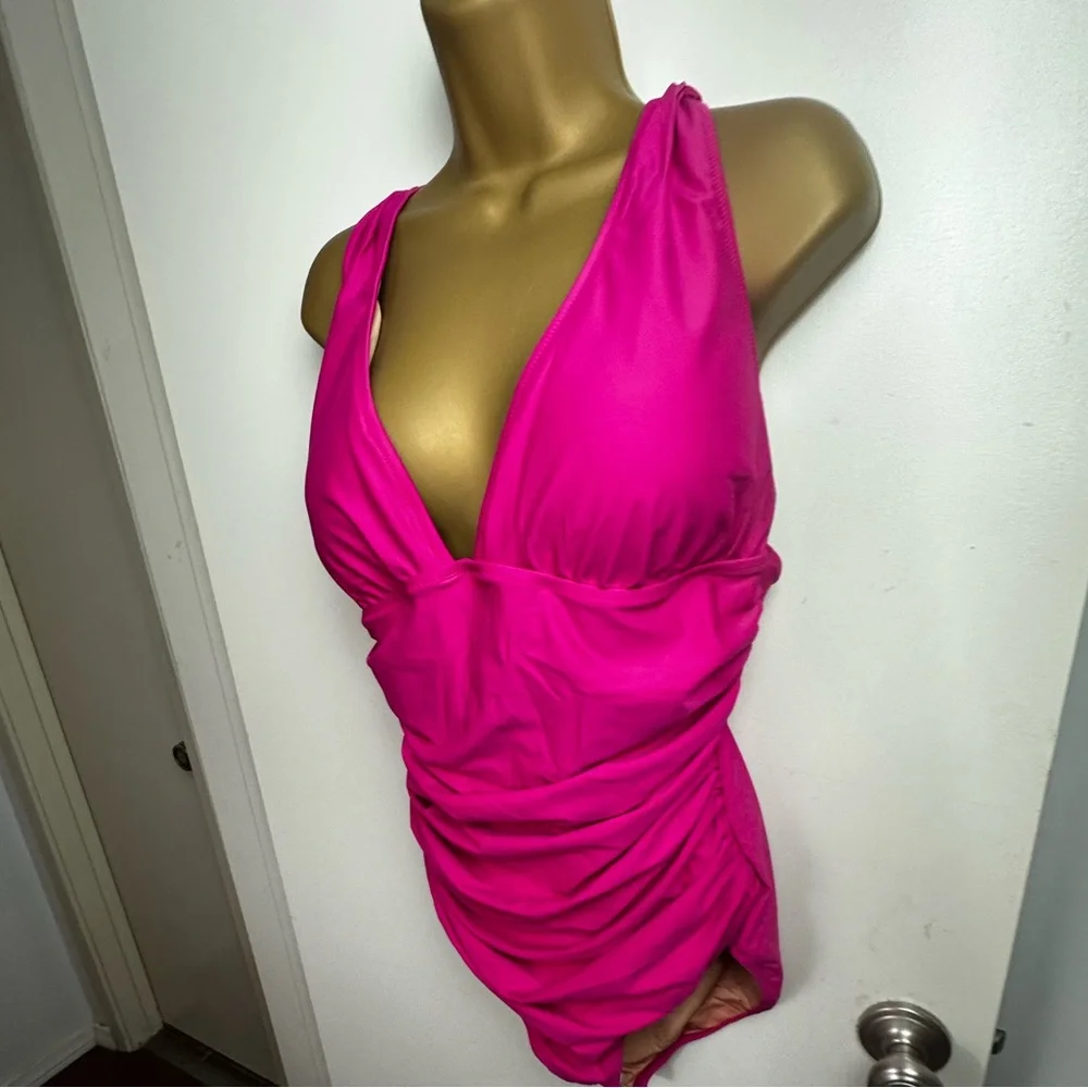 J.Crew Hot Pink Recycled Poly Ruched V-neck Flattering One-Piece Swimsuit NWT 22